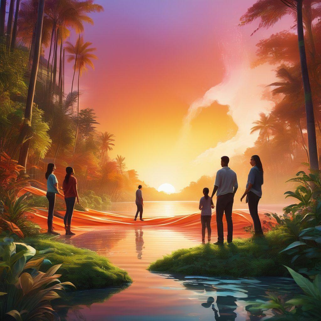 A vibrant, abstract representation of a diverse group of people collaborating, symbolizing unity and collective care. They are gathered around a large, modern insurance policy document, which is radiating light, representing innovation. In the background, include elements of nature merging with city life to symbolize anarchist values, highlighting community and sustainability. Use warm colors mixed with cool tones to showcase harmony. surrealism. colorful. dynamic composition.