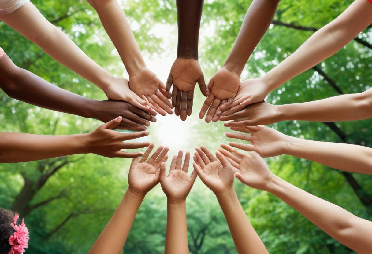 A diverse community gathering, showcasing people of various ages and backgrounds collaborating and supporting each other, symbolizing unity and mutual aid. Include visual elements like hands joining together, symbols of life insurance such as shields or hearts, and a warm, inviting atmosphere. The backdrop should be a vibrant park setting, emphasizing connection and support. super-realistic. vibrant colors. soft lighting.