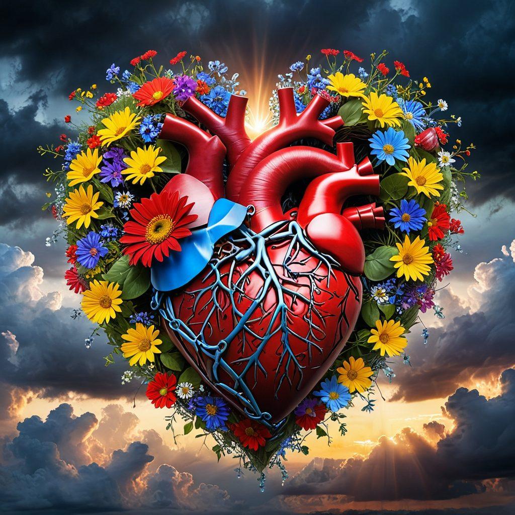 A dynamic scene depicting a heart symbol intertwined with chaotic elements representing anarchy, such as broken chains and wildflowers. In the background, traditional insurance symbols are breaking apart, while bright light beams break through dark clouds, symbolizing revolution. Include diverse people coming together, showcasing unity and new ideals. Emphasize vibrant colors to contrast chaos with hope. super-realistic. vibrant colors. energetic composition.